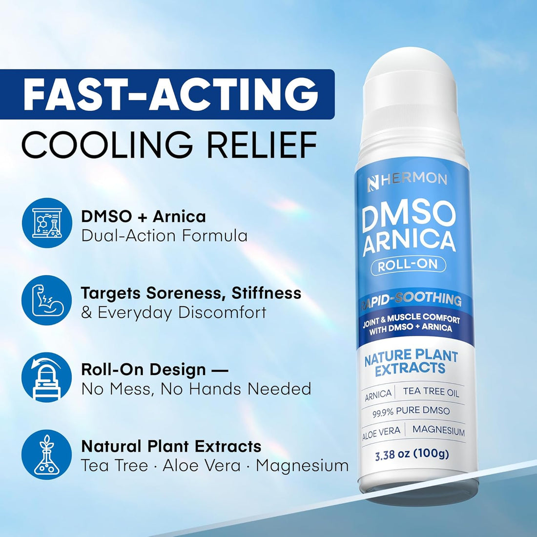 Hermon DMSO Arnica Roll-On: 99.9% Pure Pharmaceutical Grade with Magnesium, Aloe Vera & Vitamin E