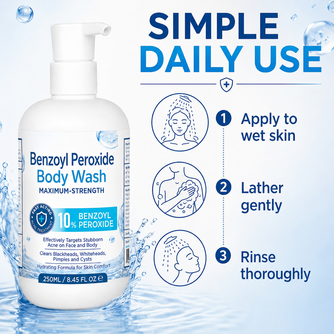 Hermon Benzoyl Peroxide Body Wash: 10% Benzoyl Peroxide Acne Wash for Face, Skin, Butt, and Back Acne - Maximum-Strength Fast-Acting Acne Control Cleanser 8.45 Fl. Oz.